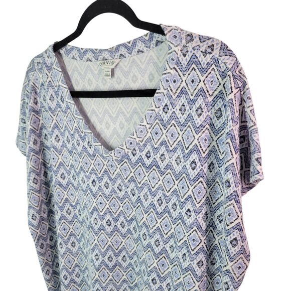Orvis Womens Sz XL Blue Geometric Short Sleeve V-Neck Blouse - Picture 3 of 10